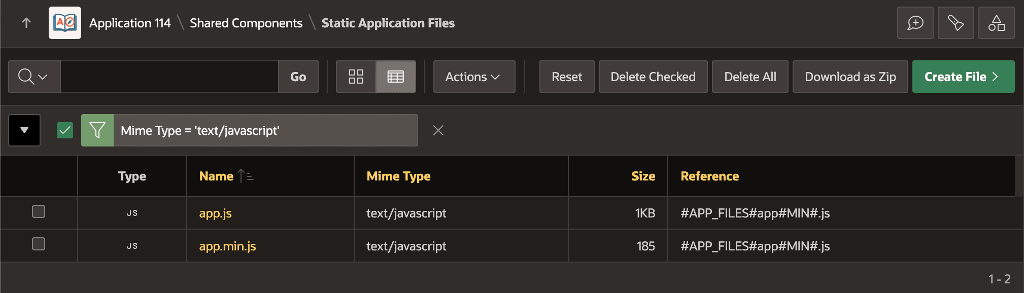 List Page Shows Reference Path for a Static Application Files