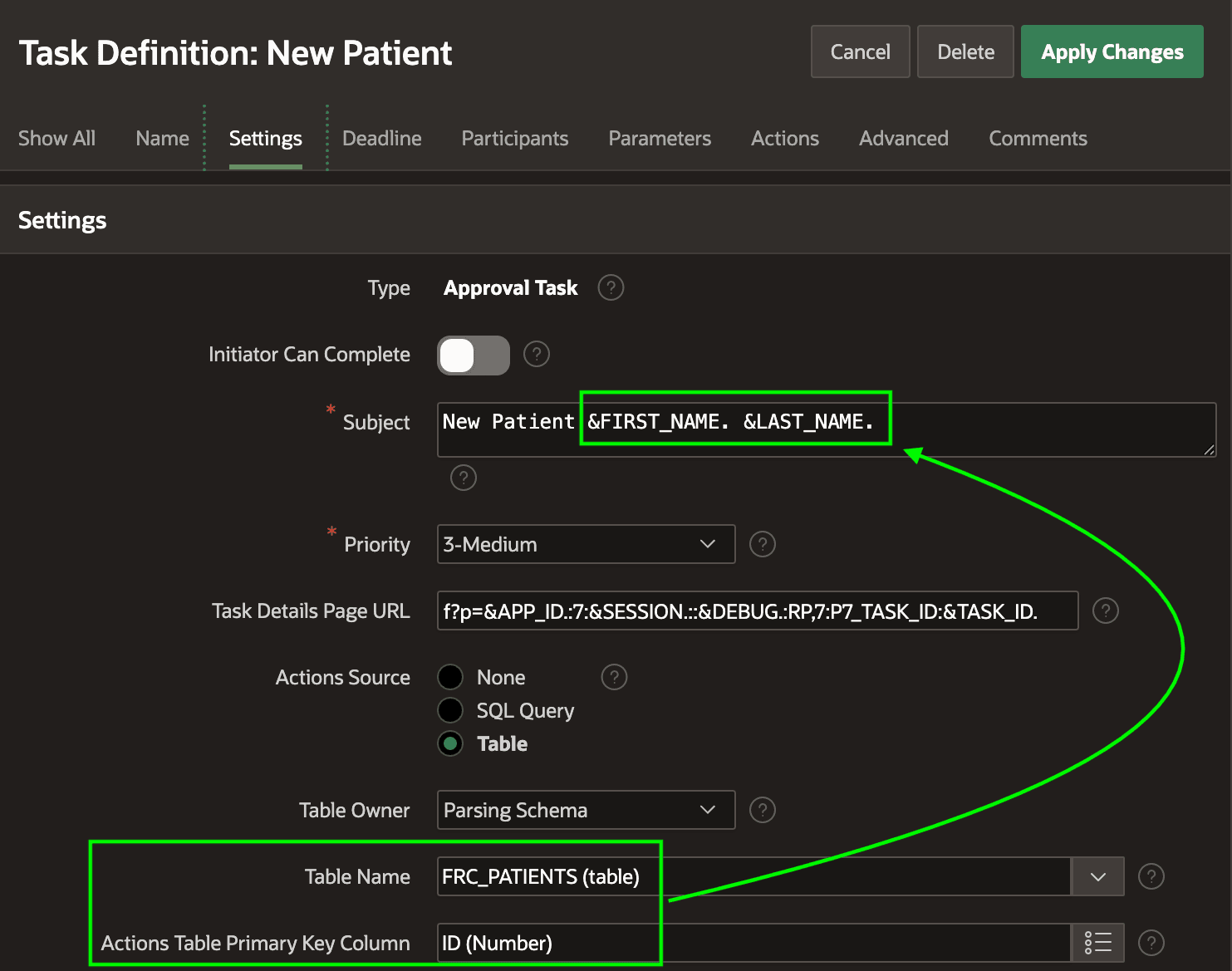 Task Definition Subject Uses Column Values from the Actions Source Table Task Definition Subject Uses Column Values from the Actions Source Table