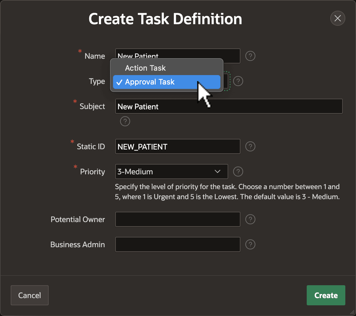 Choosing an Action Task or Approval Task at Create Time Choosing an Action Task or Approval Task at Create Time