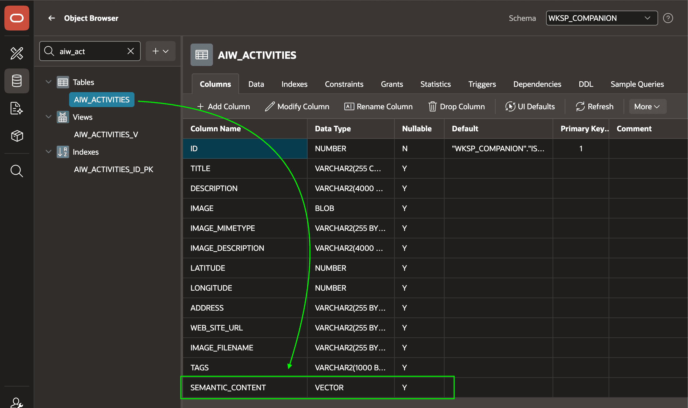 Adding a VECTOR Column to an Existing Table in Object Browser Adding a VECTOR Column to an Existing Table in Object Browser