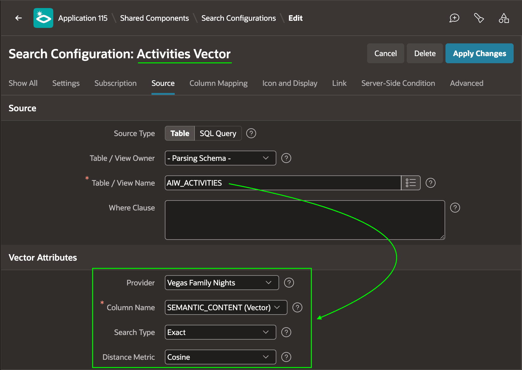 Defining a Vector Search Type Search Configuration on the Activities Table Defining a Vector Search Type Search Configuration on the Activities Table