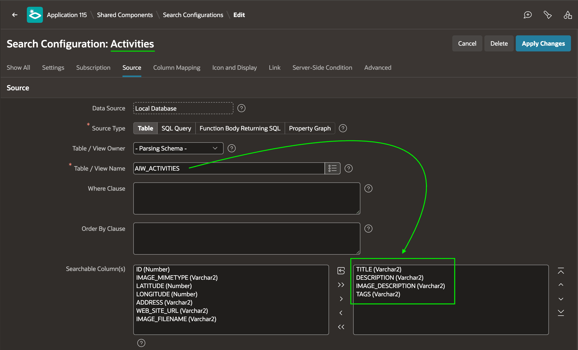 Activities Standard Search Configuration on Activities Table Columns Activities Standard Search Configuration on Activities Table Columns