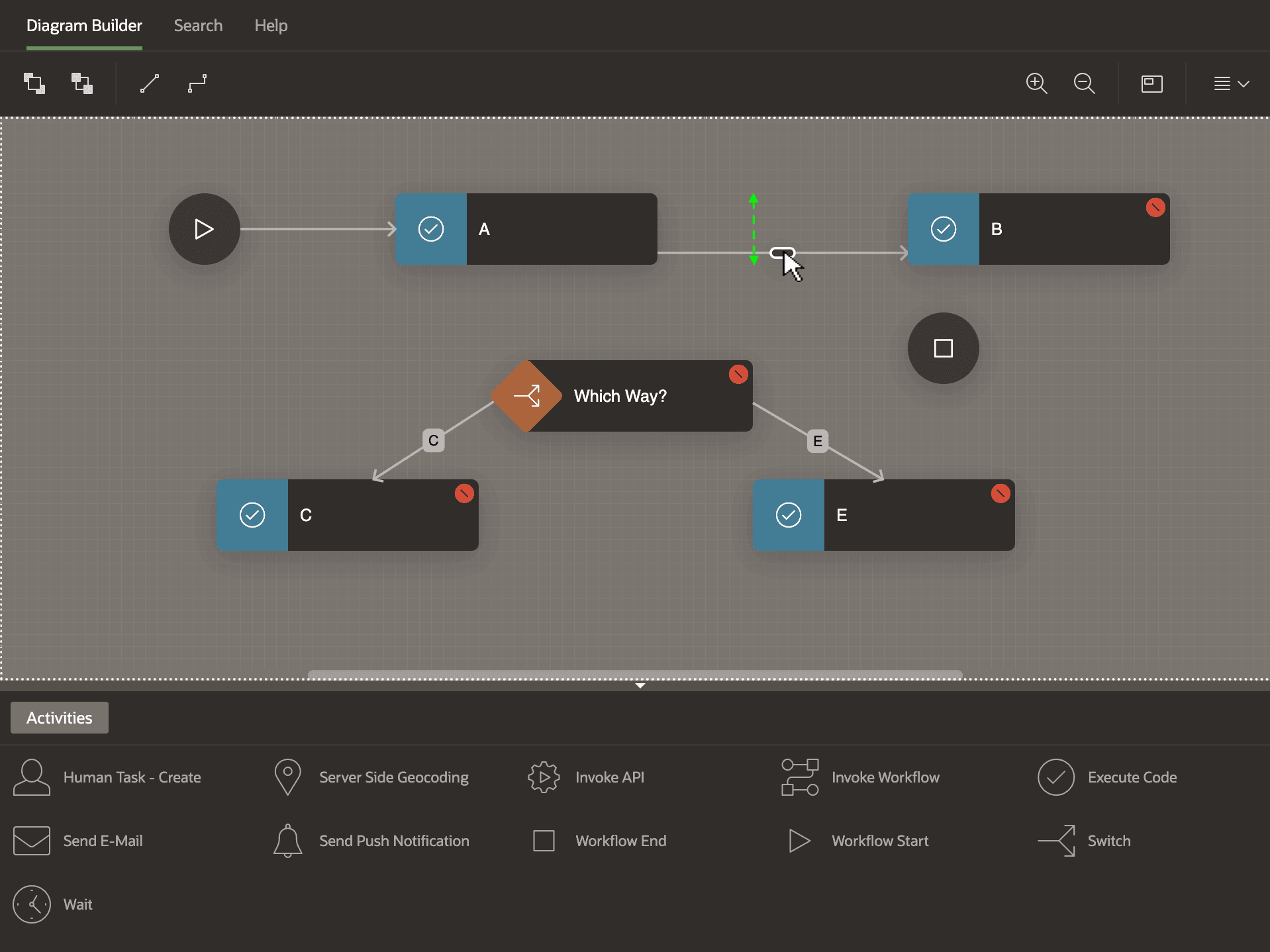 Drag Handles on Horizontal and Vertical Segments of Selected Connection Drag Handles on Horizontal and Vertical Segments of Selected Connection