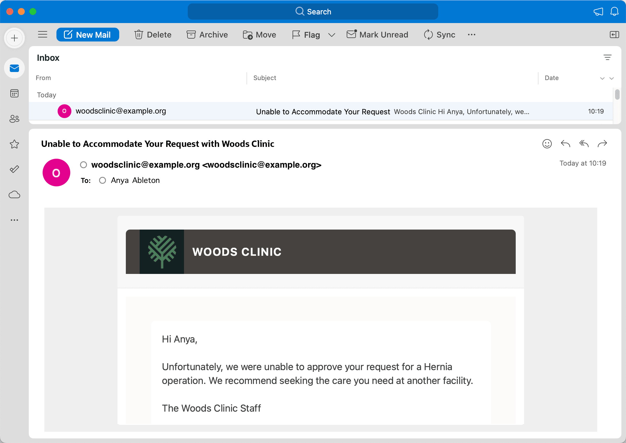 Anya Ableton Rejection Email from Woods Clinic Patient Onboarding Workflow Anya Ableton Rejection Email from Woods Clinic Patient Onboarding Workflow