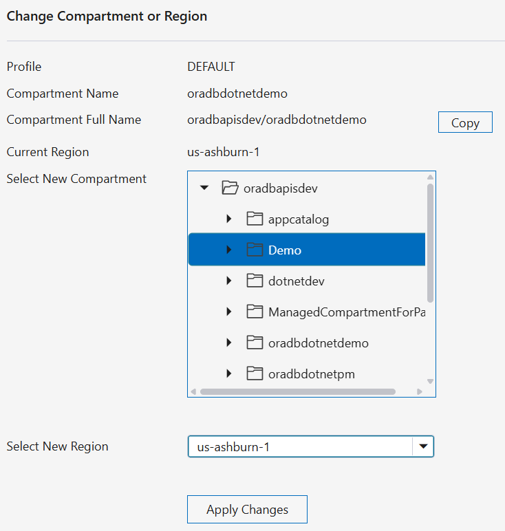 Screenshot of Change Compartment or Region Dialog
