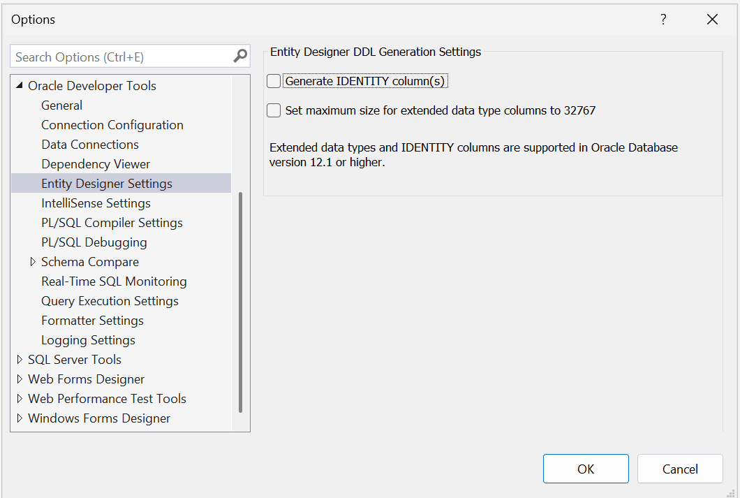 Screenshot of Entity Designer Settings Options Page