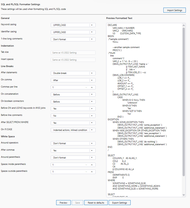 Screenshot of SQL and PL/SQL Formatter Settings page