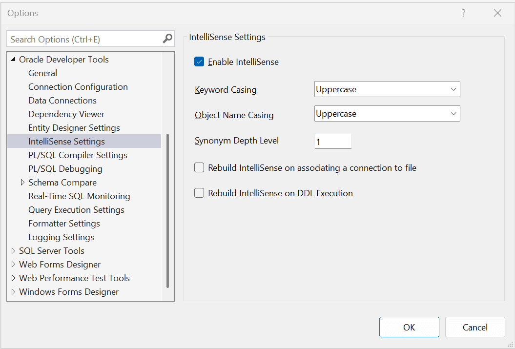 Screenshot of IntelliSense Settings Options Page