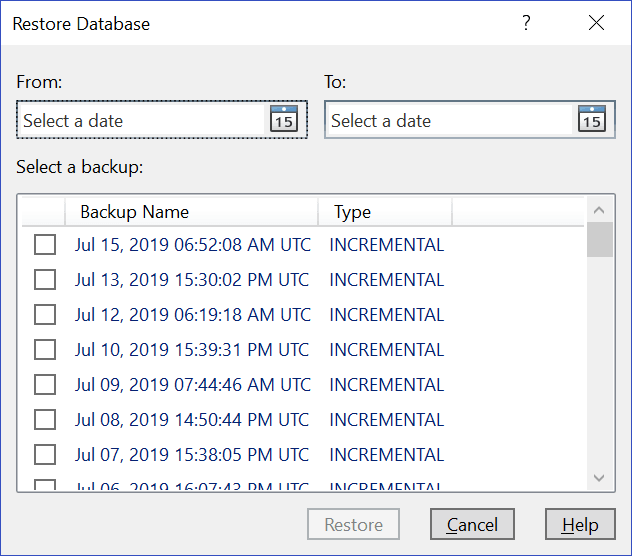 Screenshot of Restore Database Dialog