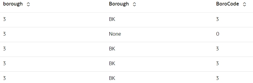 Sample data from columns borough, Borough, and BoroCode , displaying 5 random rows.