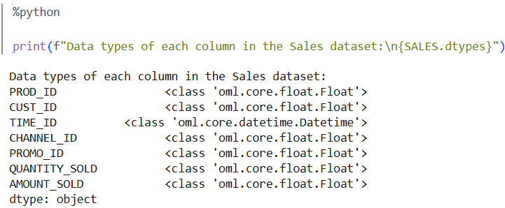 Shows the datatypes of each column.