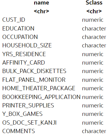 Shows the data types of data set.