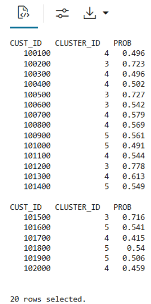 This image shows the first 20 rows of dynamic scoring view 'KM_PRED_VIEW'