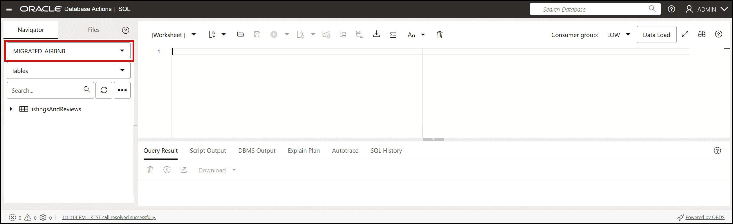 An example of logging into Database actions SQL tool for your database and selecting the MIGRATED_AIRBNB schema.