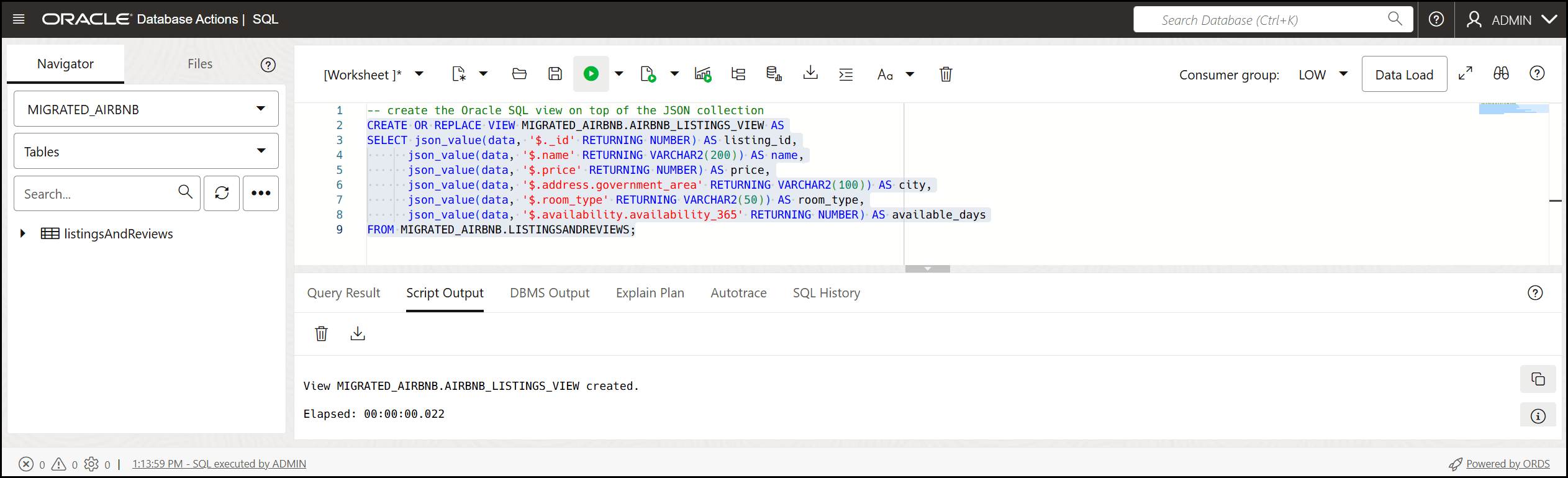 An example of creating the AIRBNB_LISTINGS_VIEW in the MIGRATED_AIRBNB schema.