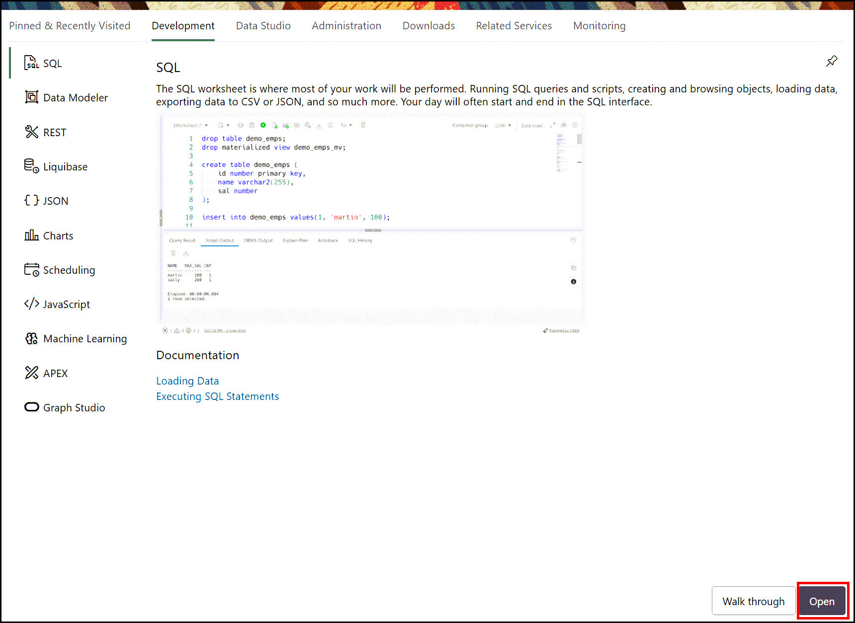 An example of selecting and opening the SQL tool in Database actions.