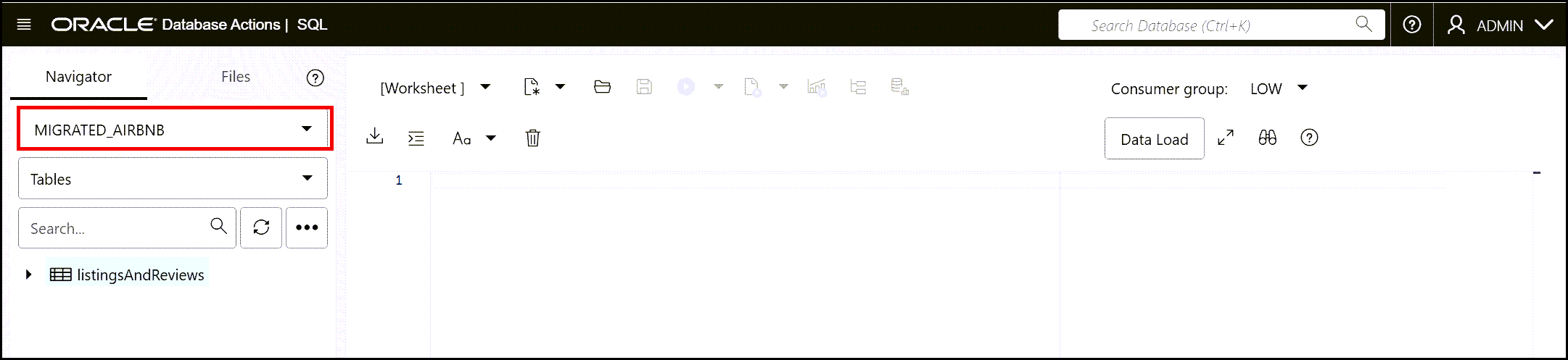 An example of selecting a schema in the Database actions SQL tool.
