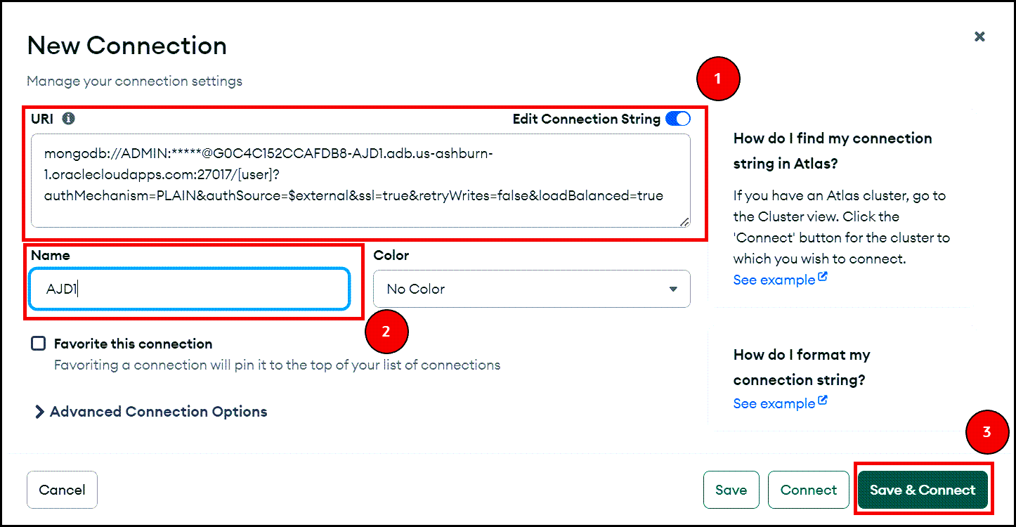 An example of adding connection information in the Mongo Compass tool.