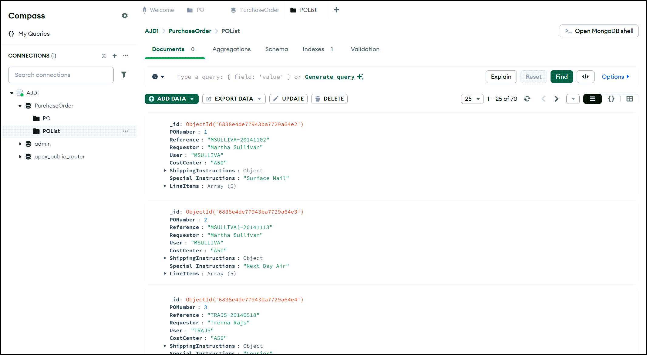 An example of using the Mongo Compass tool to navigate within your Oracle Database.