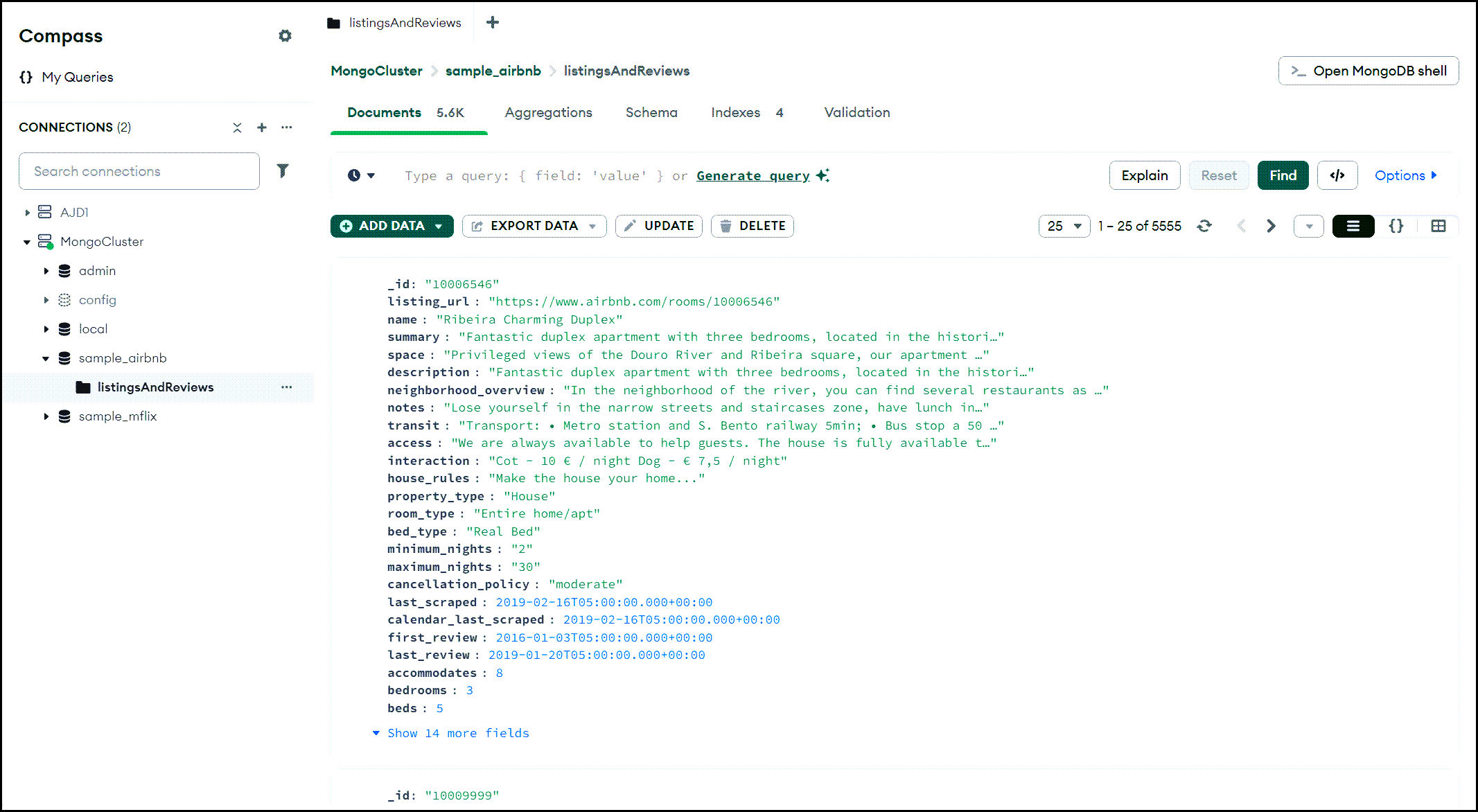 An example of selecting a collection in Mongo Compass.