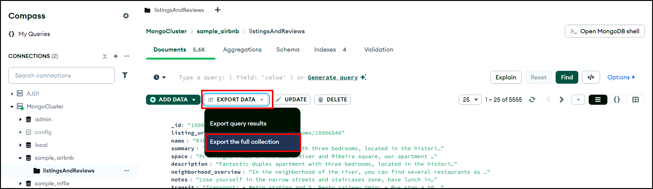 An example of selecting the EXPORT DATA button followed by the Export the full collection menu item.