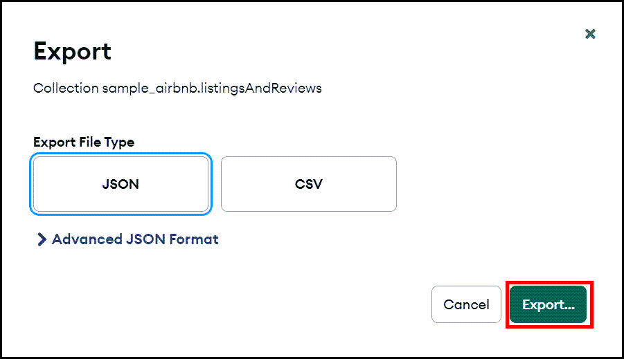 An example of exporting your collection to a .json file in Mongo Compass.