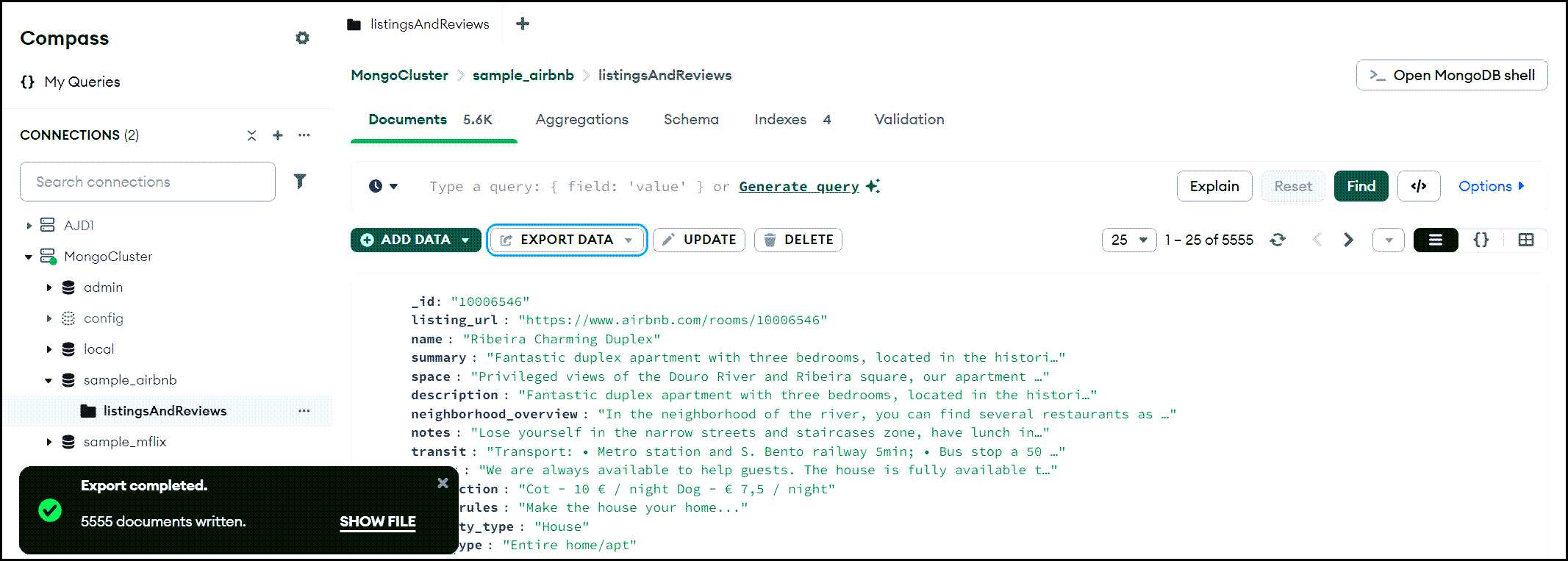 An example of a successful export of 5,555 documents from a collection using Mongo Compass.