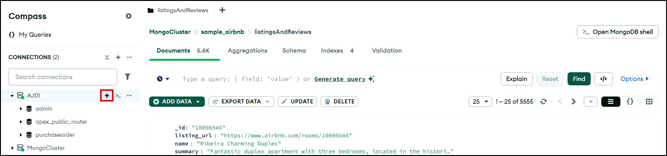 An example of connecting to your Oracle Database using Mongo Compass. The connection should already exist in Mongo Compass. If it doesn't, repeat the Connect with the Mongo Compass tool steps previously shown. Then creating a new database in Mongo Compass.