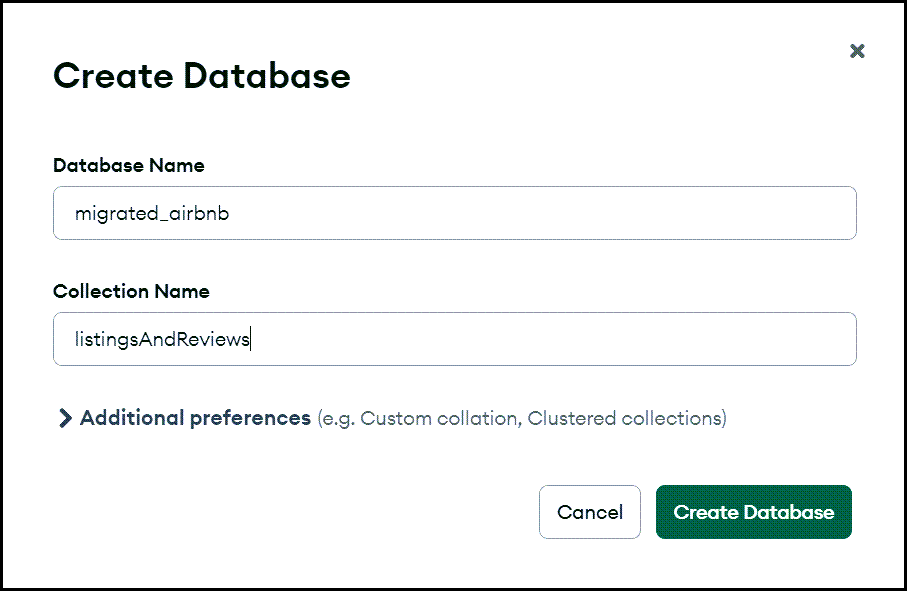An example of creating a new database and a new collection in your Oracle Database using Mongo Compass.