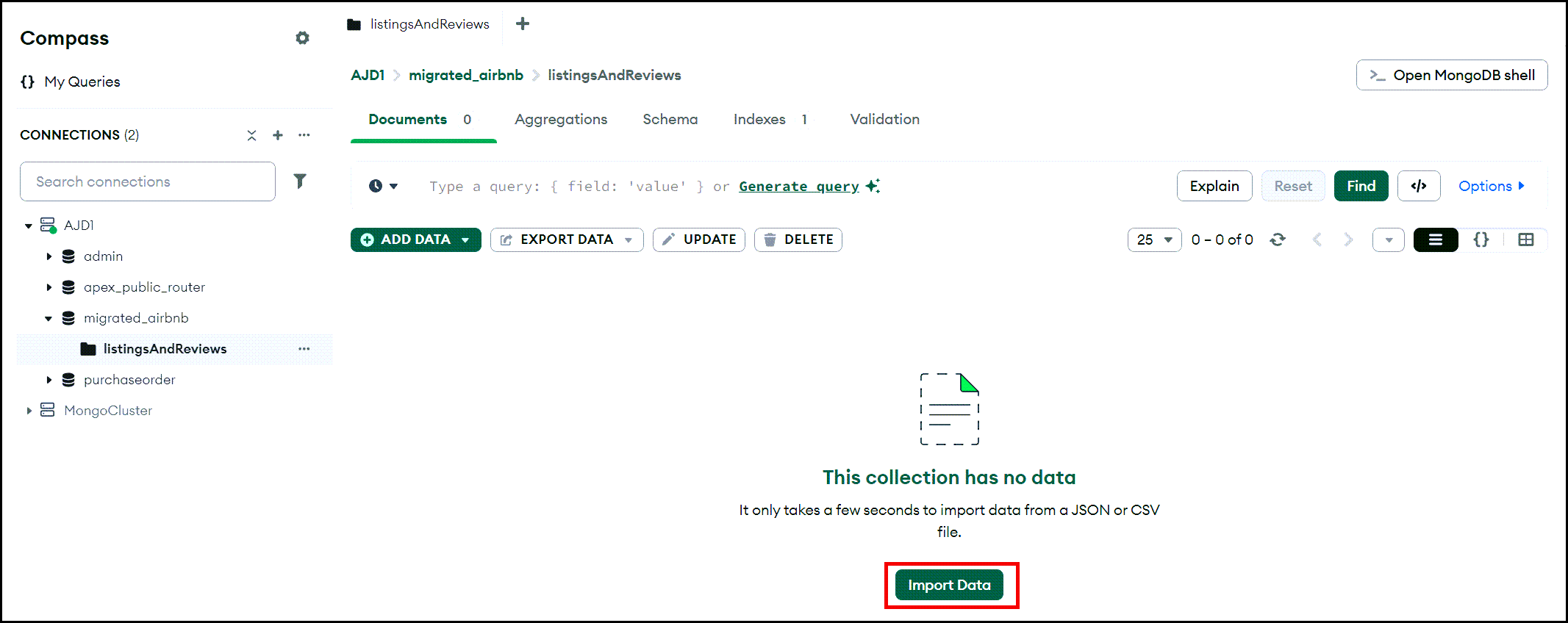 An example of selecting the Import Data button.