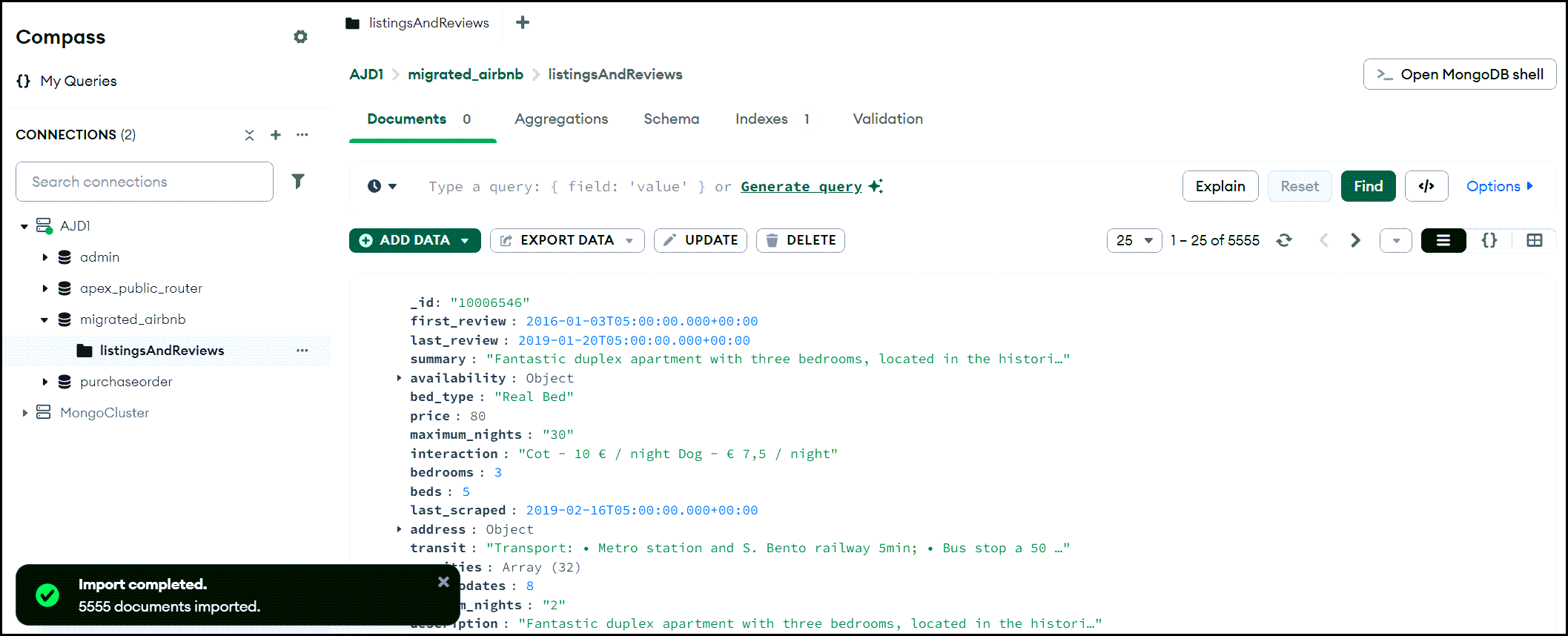 An example of a successful import of 5,555 documents into the collection using Mongo Compass.