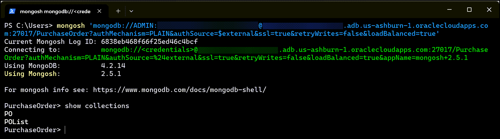 An example of connecting using the Windows Powershell and the Mongo Shell (mongosh) to connect to your Oracle Database.