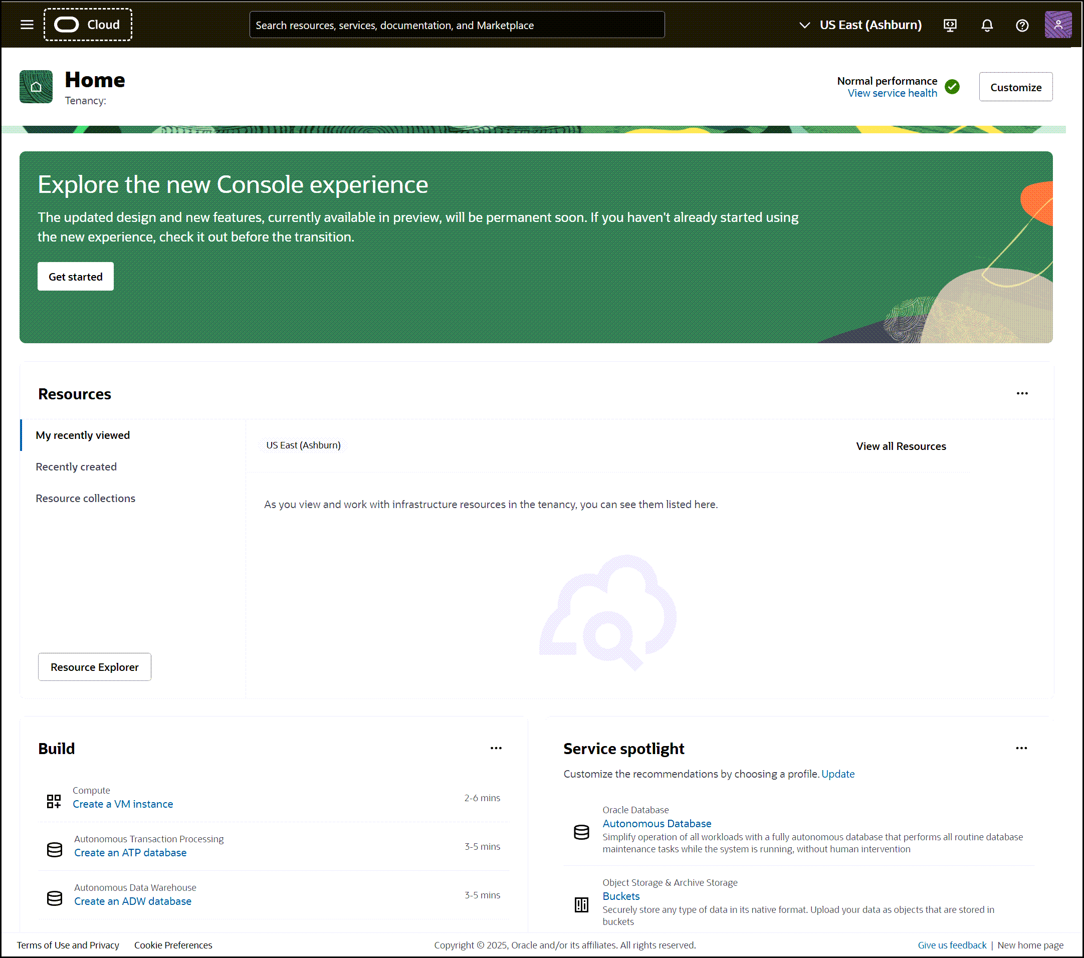 An example of the OCI console home page. This page varies from user to user based on the most recent tasks performed.