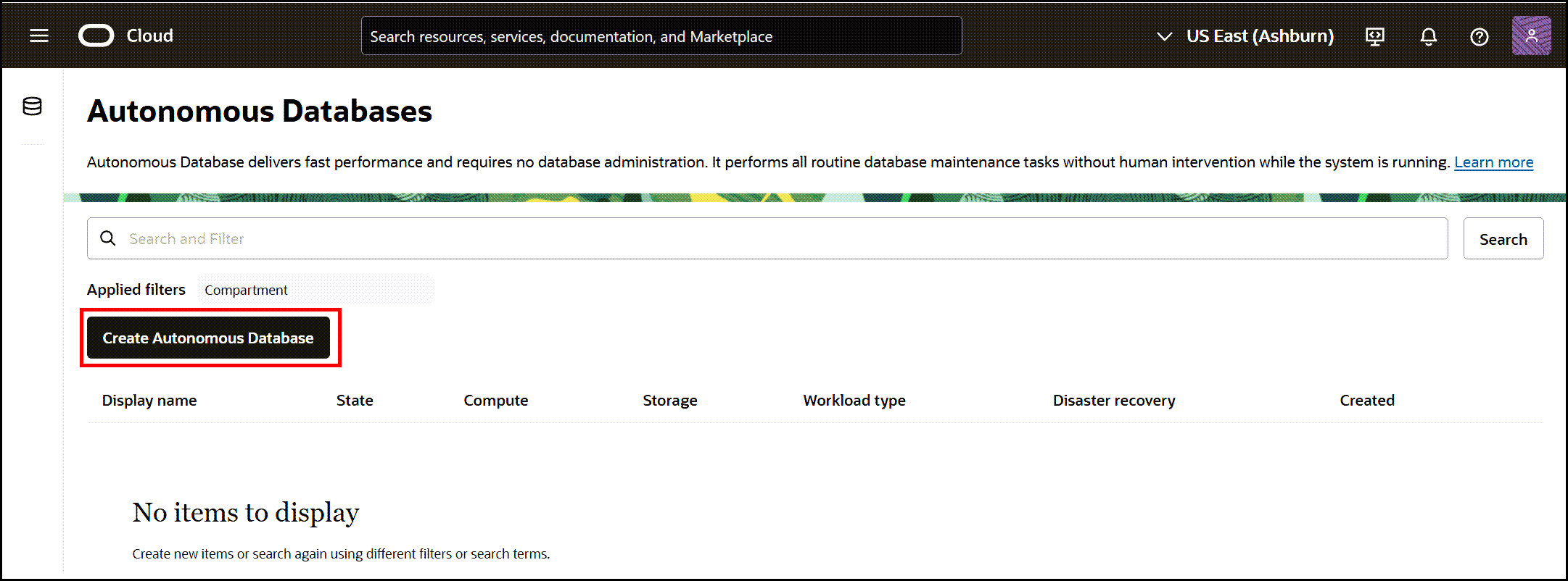 An example of Autonomous Database page. This page will vary over time based on Autonomous Database resources used in the tenancy.