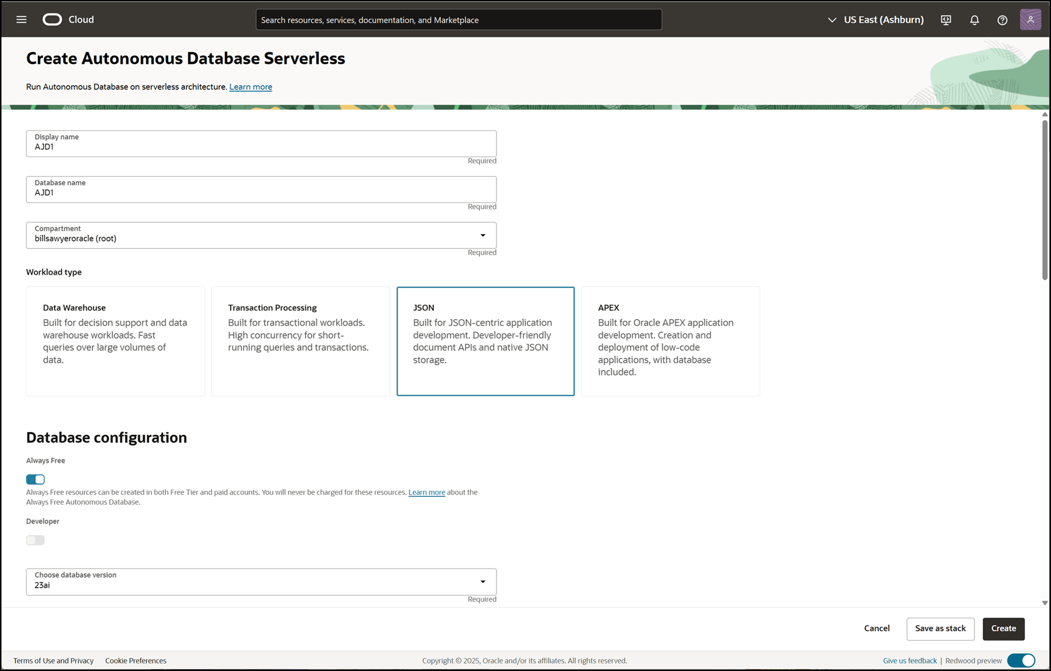 An example of the first page of options for creating an Autonomous Database.