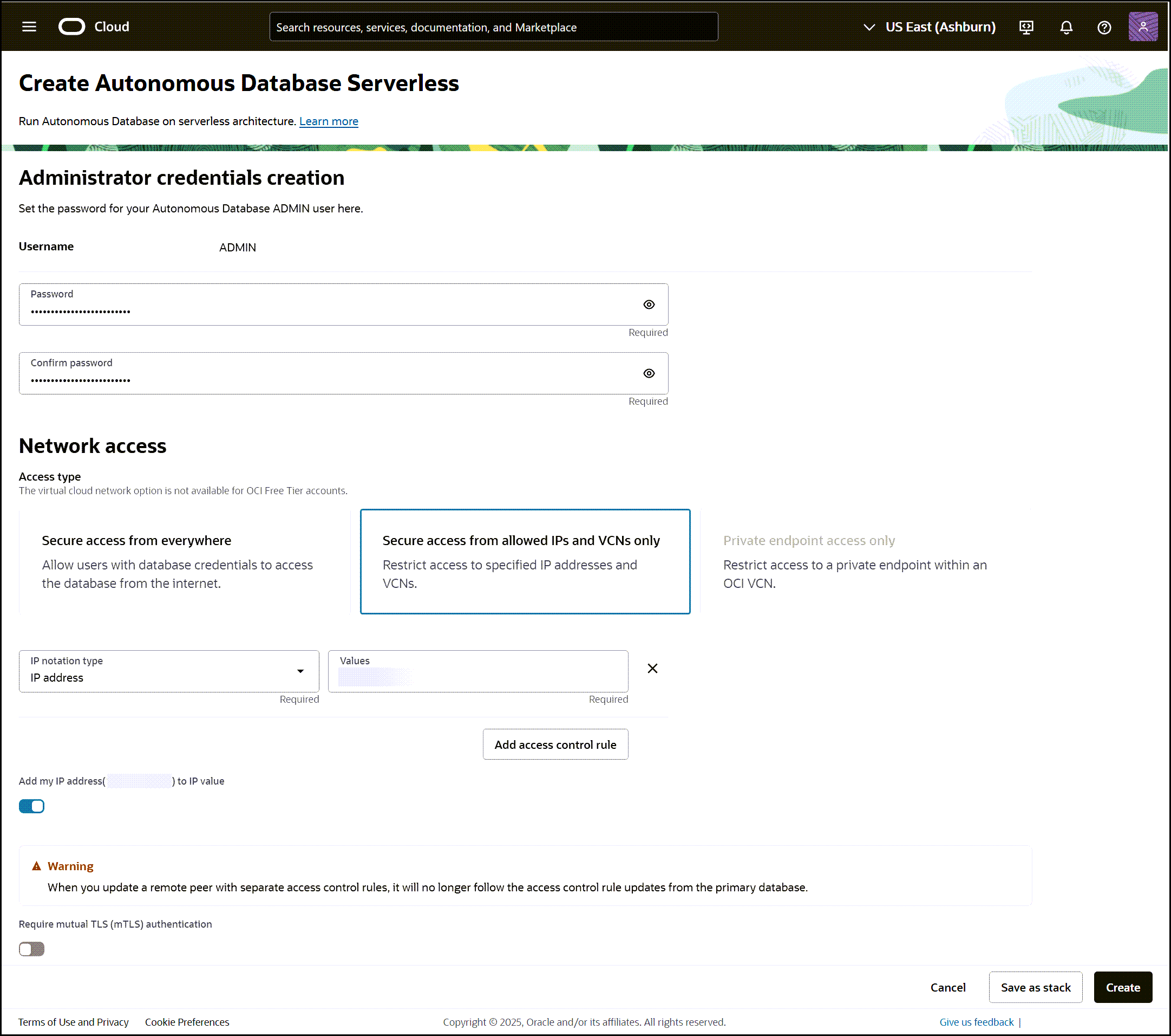 An example of the second page of options for creating an Autonomous Database.