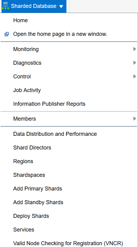 Sharded database menu Sharded database menu