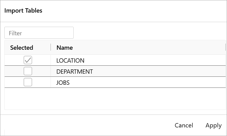 Import table dialog box