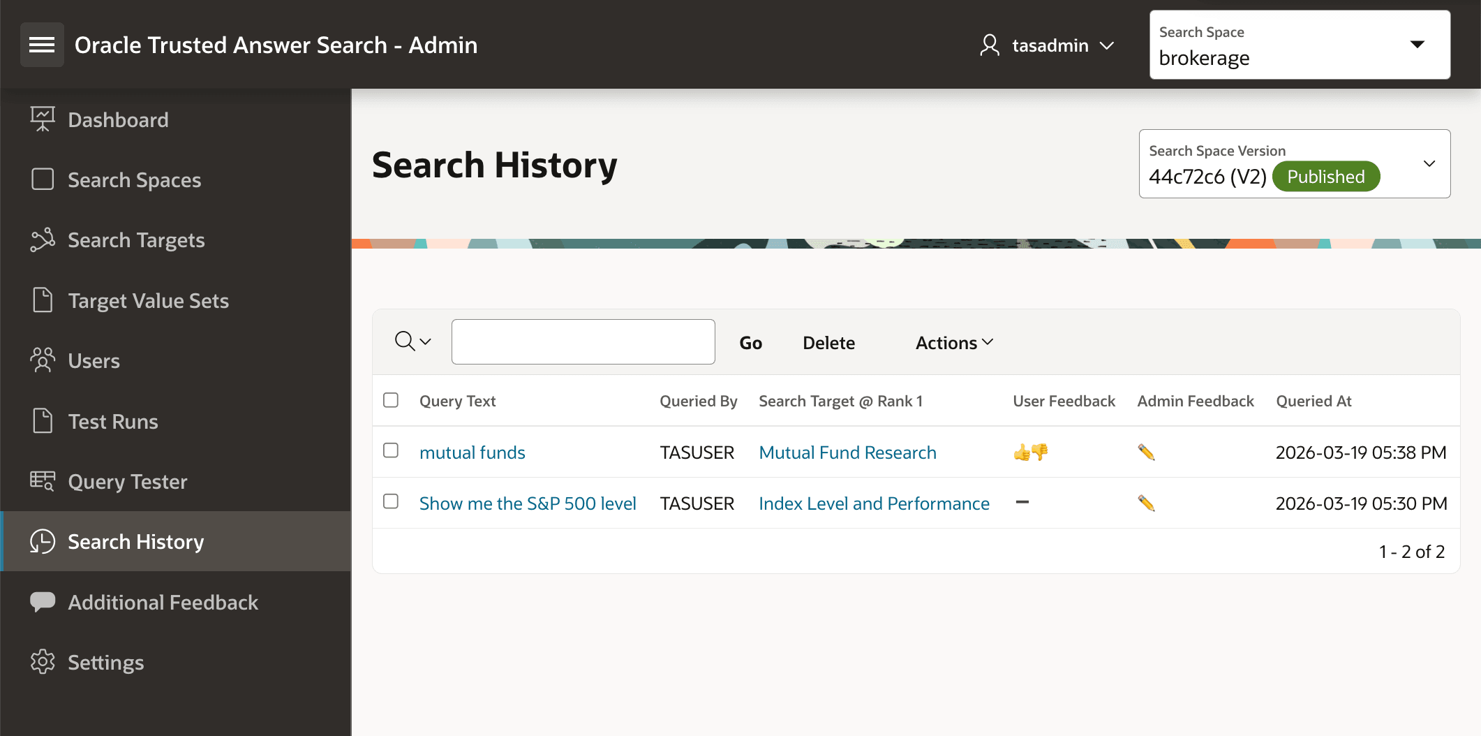 Search History highlighting queries with pending user feedback
