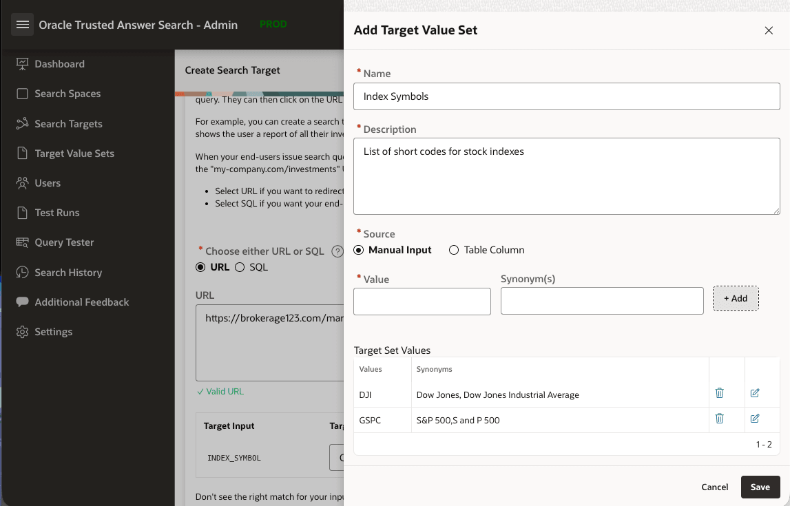 Add Target Value Set dialog showing manual input entries for GSPC and DJI