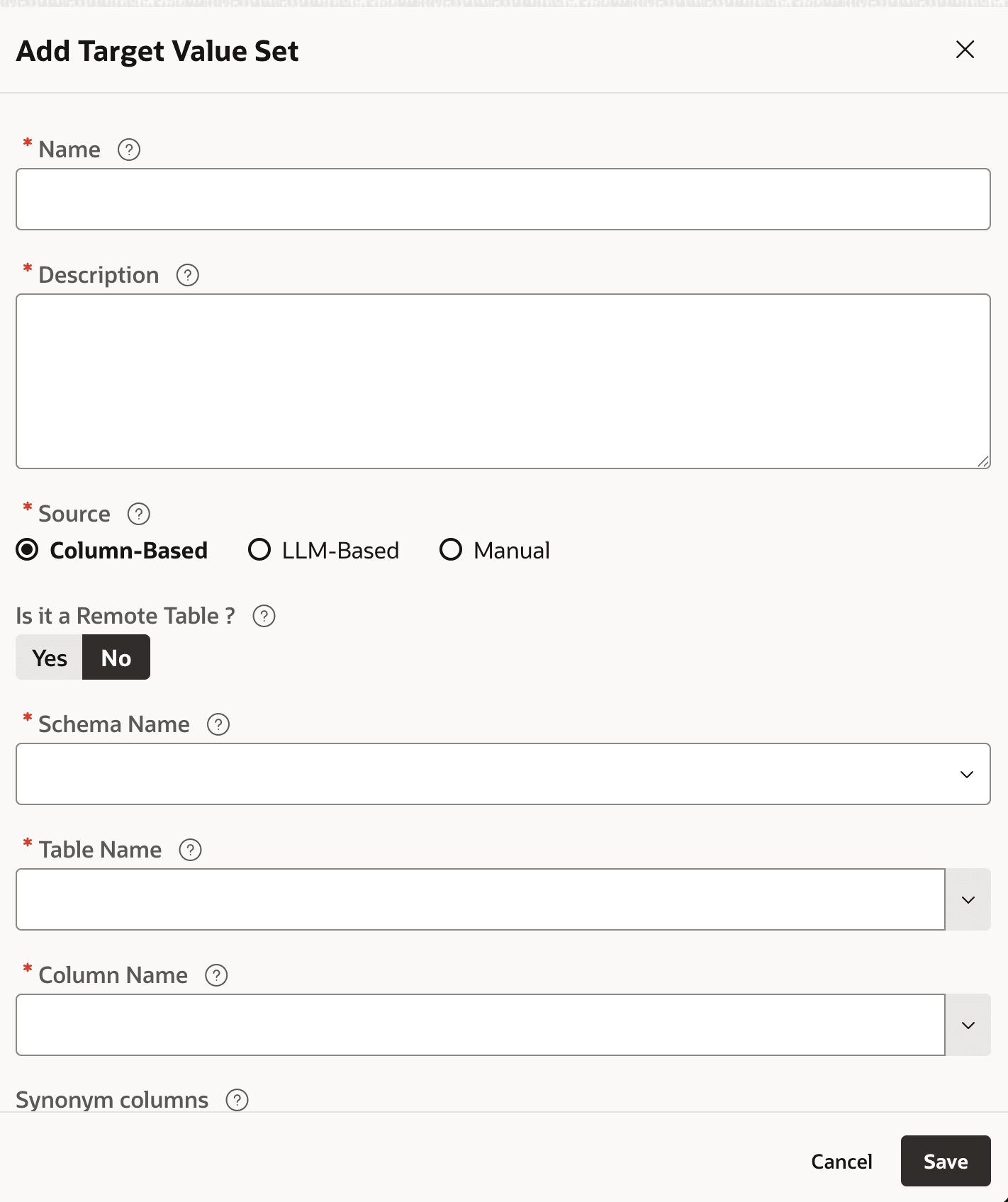 Add Target Value Set dialog configured for a column-based source Add Target Value Set dialog configured for a column-based source