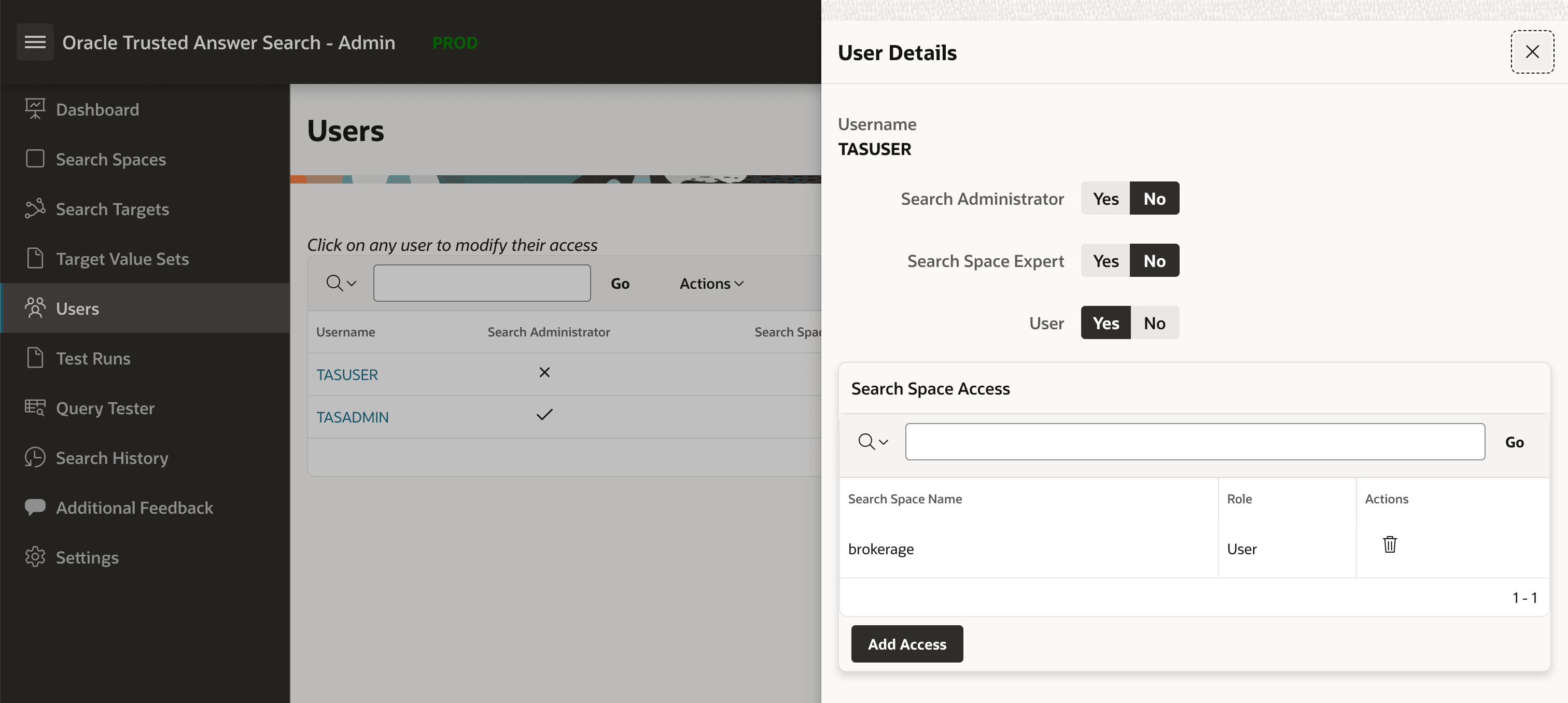 User details drawer showing brokerage user access for tasuser