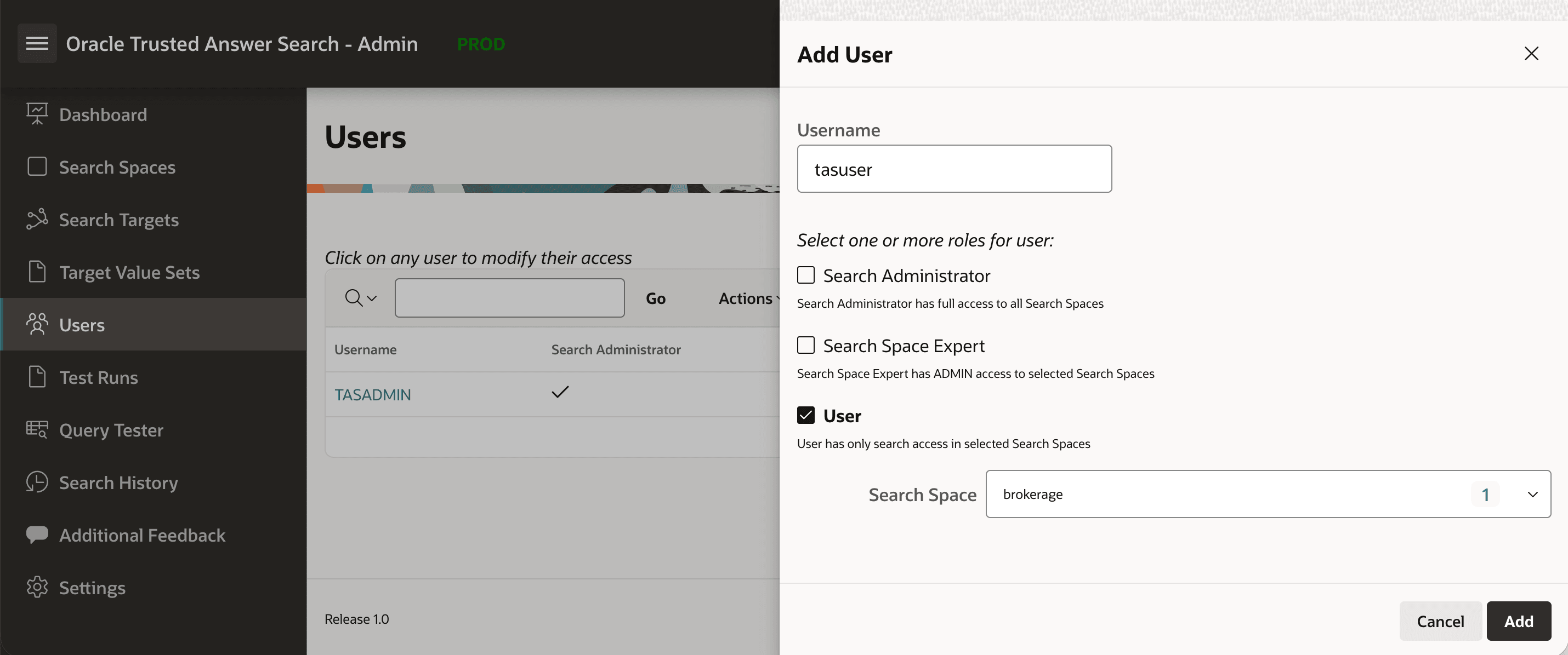 Add User drawer completed with tasuser and brokerage user access