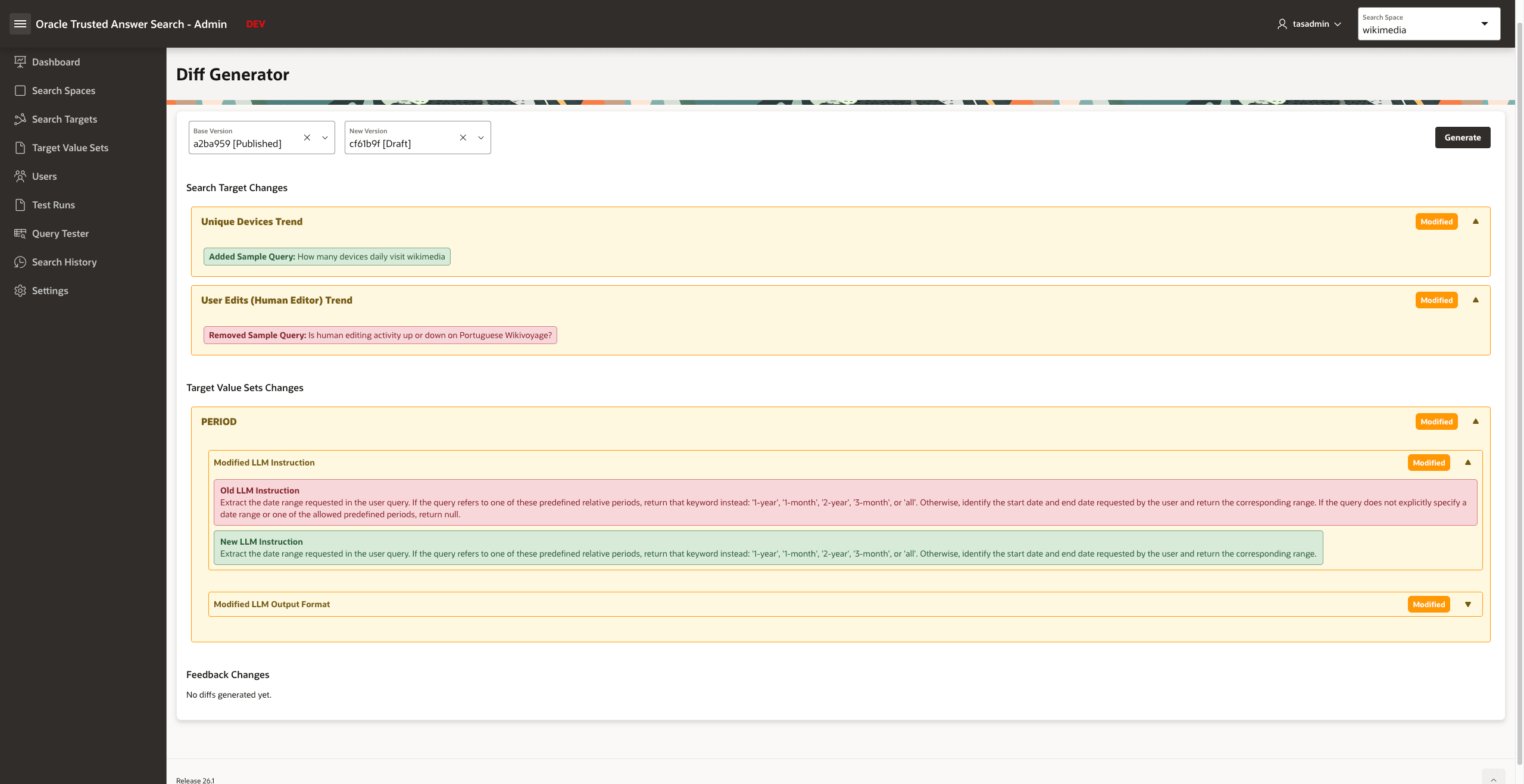 Diff Generator showing collapsed target value set diff section and no feedback changes Diff Generator showing collapsed target value set diff section and no feedback changes