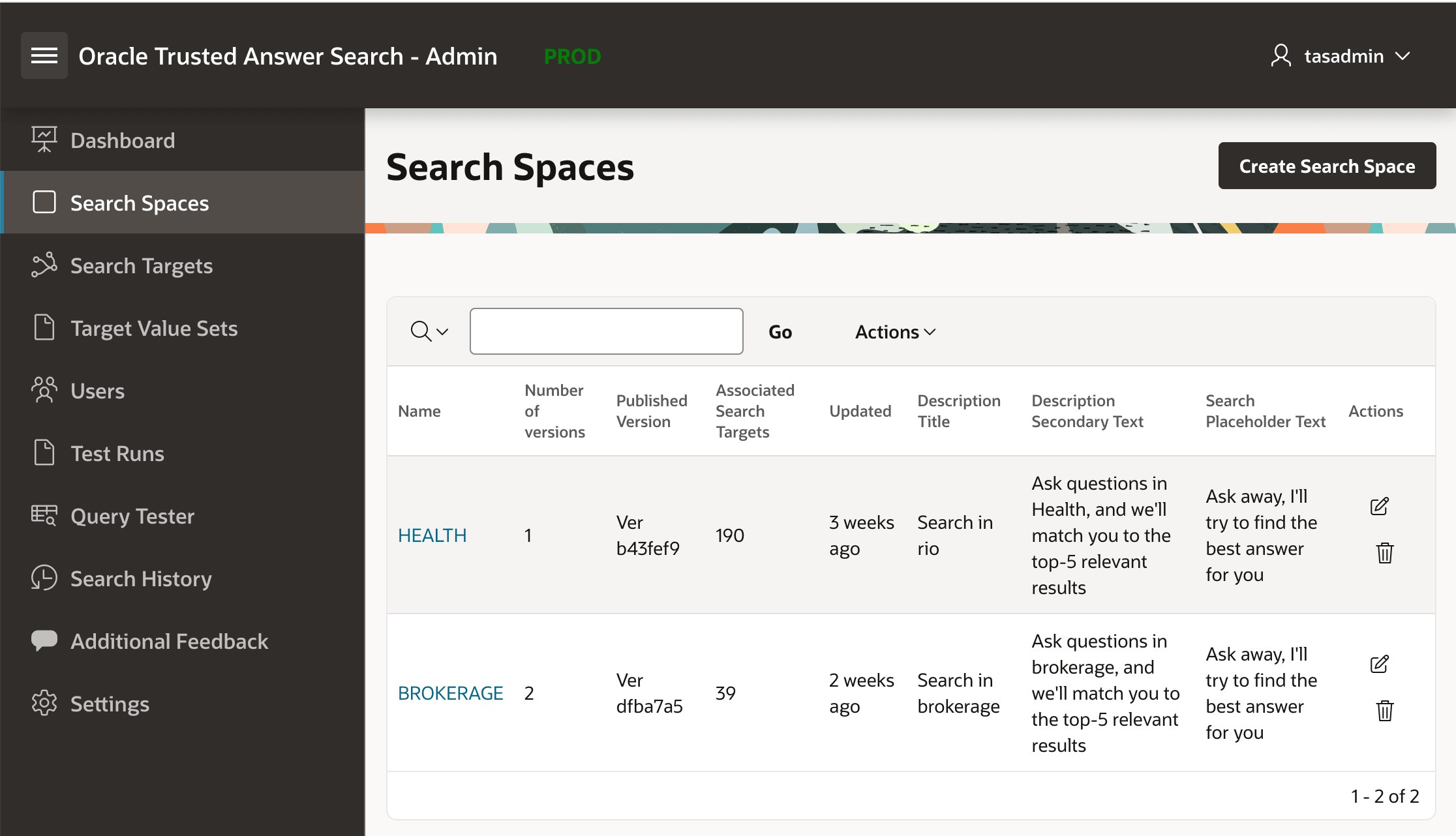 Search Spaces table listing brokerage with a draft version