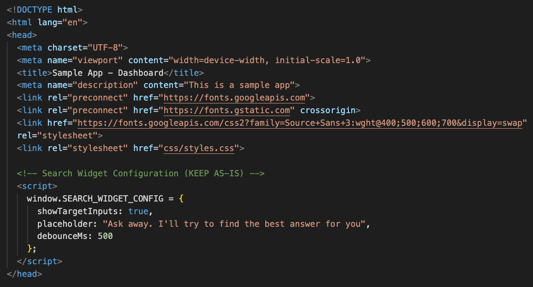 Widget options defined in the head tag Widget options defined in the head tag