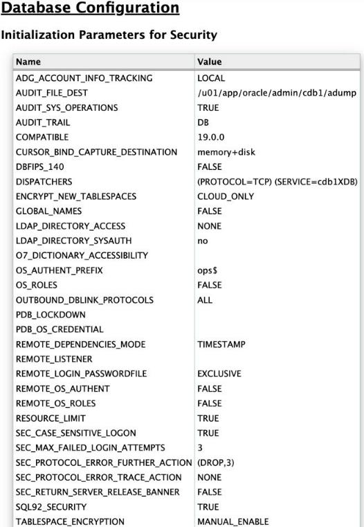 Oracle Database Security Assessment Report - Database Configuration Figure 1 shows the Oracle Database Security Assessment Report - Database Configuration