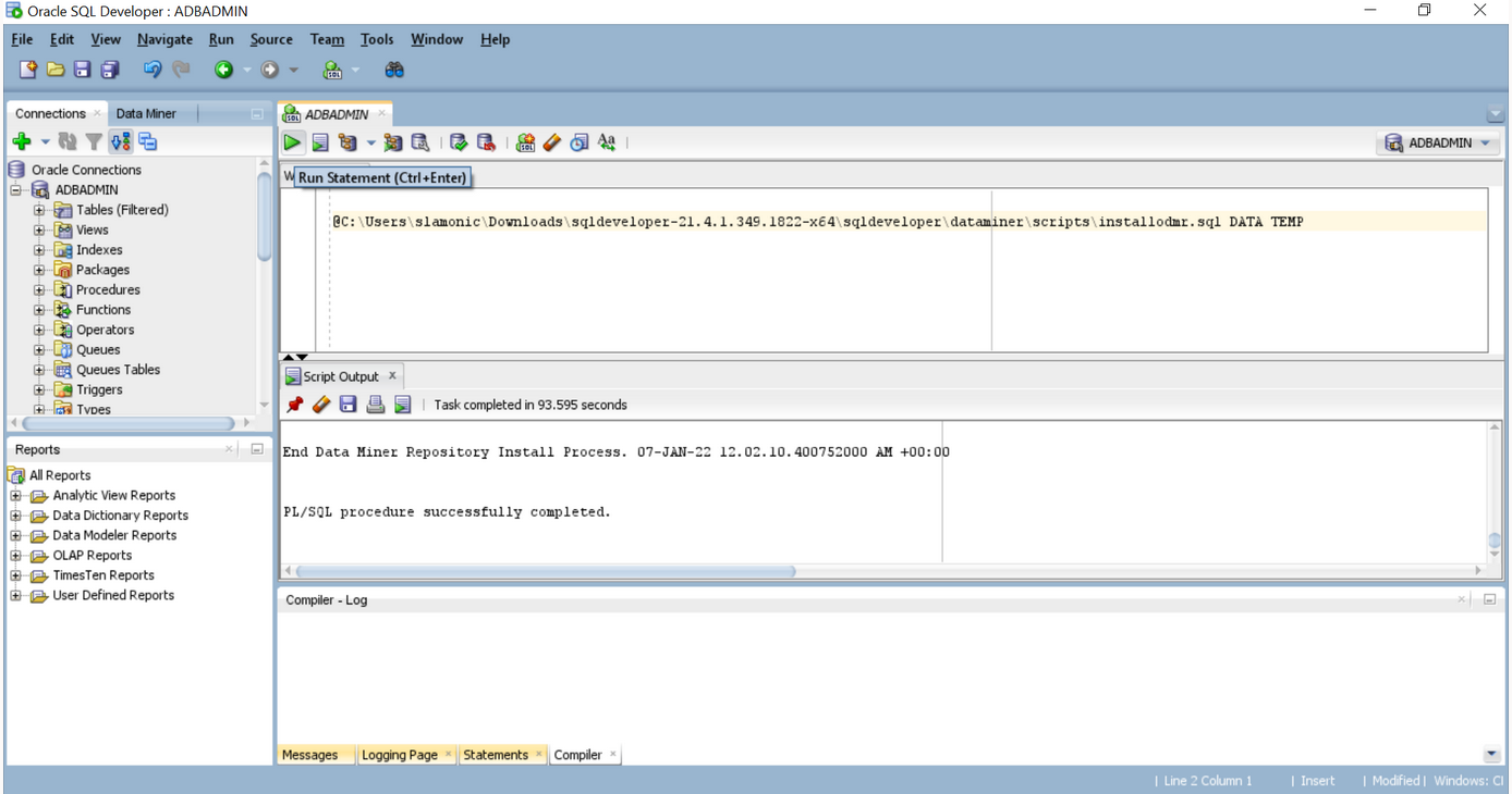 Installing Oracle Data Miner Repository