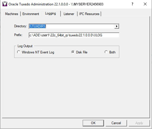 Describes the Oracle Administration Window with Logging Page Displayed Screen.