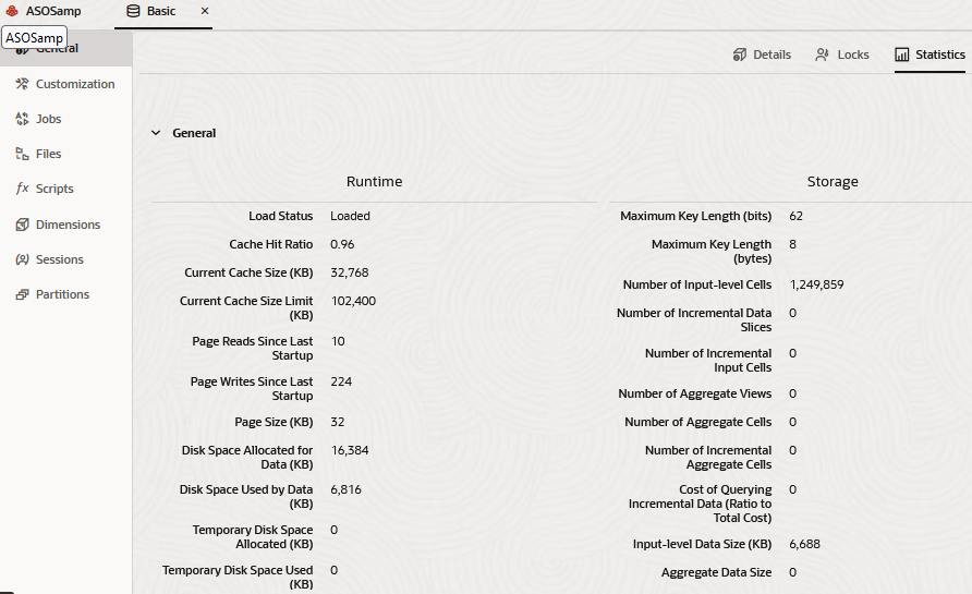 Cube statistics for sample cube ASOSamp.Basic. Runtime statistics include Load Status, Cache Hit Ratio, Current Cache Size (KB), Current Cache Size Limit (KB), Page Reads Since Last Startup, Page Writes Since Last Startup, Page Size (KB), Disk Space Allocated for Data (KB), Disk Space Used by Data (KB), Temporary Disk Space Allocated (KB), and Temporary Disk Space Used (KB). Storage statistics include Maximum Key Length (in bits and in bytes), Number of Input-level Cells, Number of Incremental Data Slices, Number of Incremental Input Cells, Number of Aggregate Views, Number of Aggregate Cells, Cost of Querying Incremental Data, Input-level Data Size (KB), and Aggregate Data Size. Cube statistics for sample cube ASOSamp.Basic. Runtime statistics include Load Status, Cache Hit Ratio, Current Cache Size (KB), Current Cache Size Limit (KB), Page Reads Since Last Startup, Page Writes Since Last Startup, Page Size (KB), Disk Space Allocated for Data (KB), Disk Space Used by Data (KB), Temporary Disk Space Allocated (KB), and Temporary Disk Space Used (KB). Storage statistics include Maximum Key Length (in bits and in bytes), Number of Input-level Cells, Number of Incremental Data Slices, Number of Incremental Input Cells, Number of Aggregate Views, Number of Aggregate Cells, Cost of Querying Incremental Data, Input-level Data Size (KB), and Aggregate Data Size.